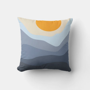 Abstract Mountain Landscape Blue Yellow Sun Boho Cushion