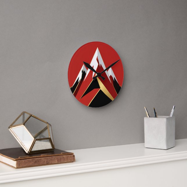 Abstract Mountain Range Red Black Gold Round Clock (Office)