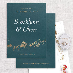Abstract Mountains Dark Green & Gold Save the Date