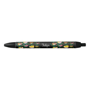 Abstract Multi-Colour Tulips Black Ink Pen
