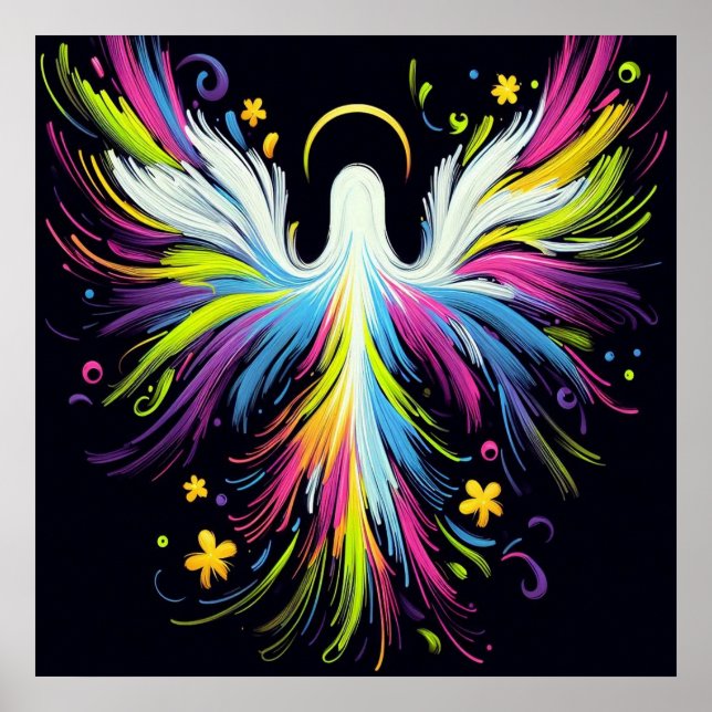 Abstract Multi-Coloured Angel on Black Background Poster (Front)