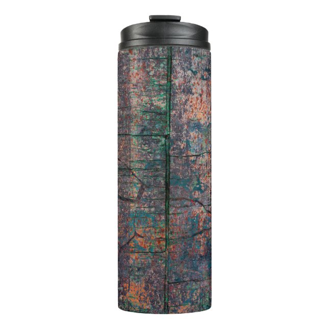 Abstract multicolor grunge background with abstrac thermal tumbler (Front)