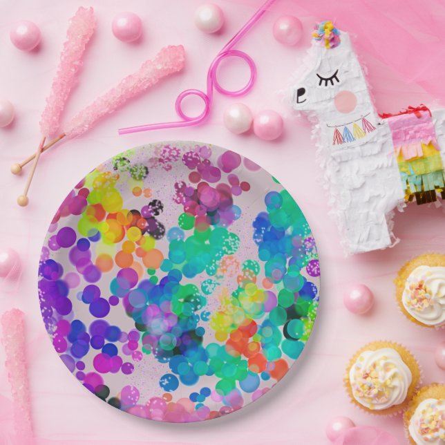 Abstract Multicolour Birthday Bokeh Bubbles Paper Plate (Party)