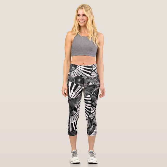 Abstract Music Art - Grayscale Mixed Textures Capri Leggings (Front)