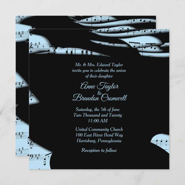 Abstract Music Theme Wedding Invitation Blue (Front/Back)