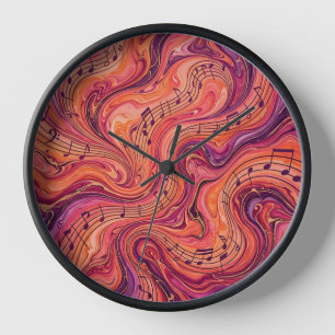Abstract Musical Notes Sunset Orange Art Clocks