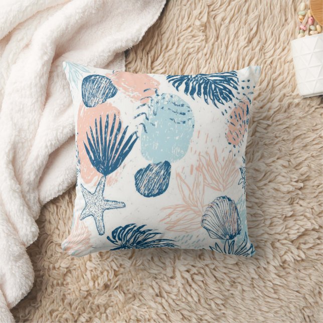 Abstract Nautical Beach Blue Peach Distressed (1) Cushion (Blanket)