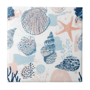 Abstract Nautical Beach Blue Peach Distressed (2) Ceramic Tile
