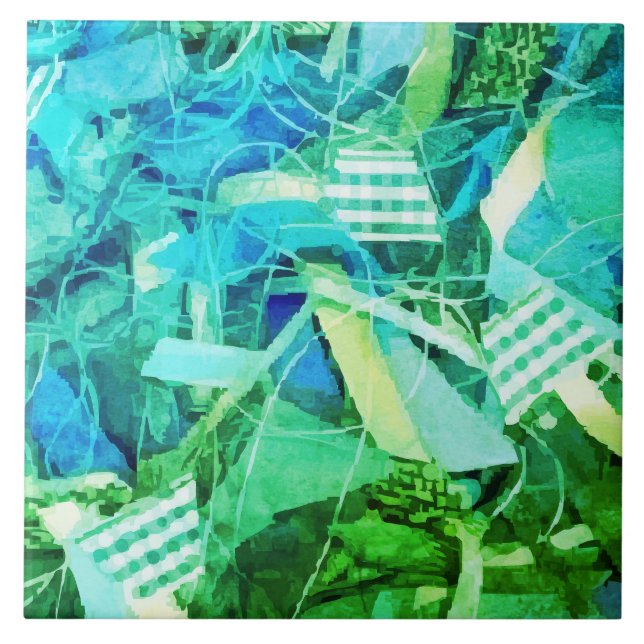 Abstract Nautical Gradient Blue Teal Green Striped Ceramic Tile (Front)