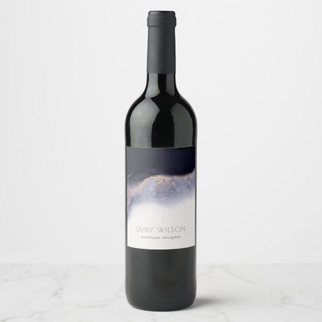 Abstract Navy Black Gold Foil Watercolor Wash Wine Label (Front)
