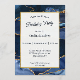 Abstract Navy Blue Agate Watercolor Birthday Invitation