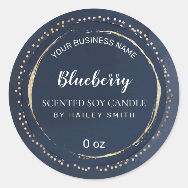 Abstract Navy Blue And Gold Scented Soy Candle Classic Round Sticker (Front)