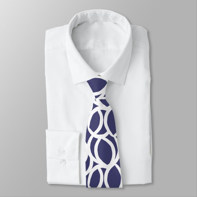 Abstract Navy Blue and White Line Pattern Tie (Tied)