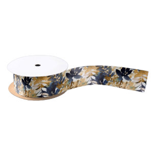 Abstract Navy Blue Flowers & Tan Leaves Satin Ribbon