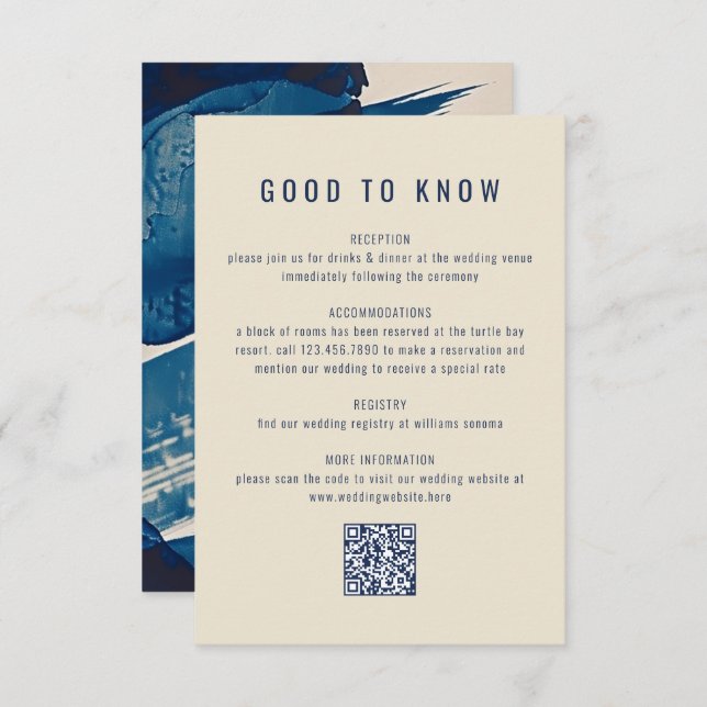 Abstract Navy Blue Ink Painting QR Code Wedding Enclosure Card (Front/Back)