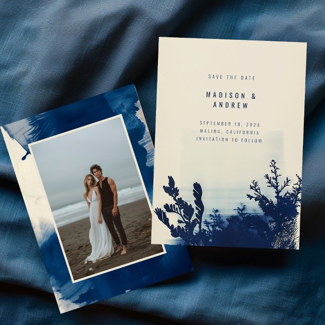 Abstract Navy Blue Ink Sea Coastal Photo Wedding Save The Date (Creator Uploaded)