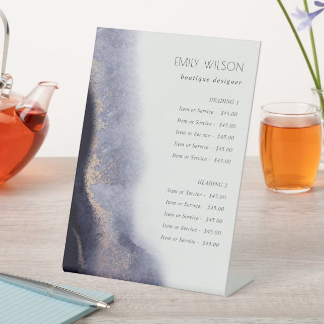 Abstract Navy Gold Watercolor Service Price Pedestal Sign (In SItu)