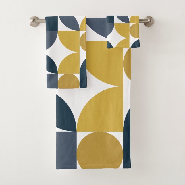 Abstract Navy Mustard Geometric Pattern Bath Towel Set (Insitu)