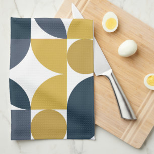 Abstract Navy Mustard Geometric Pattern Tea Towel