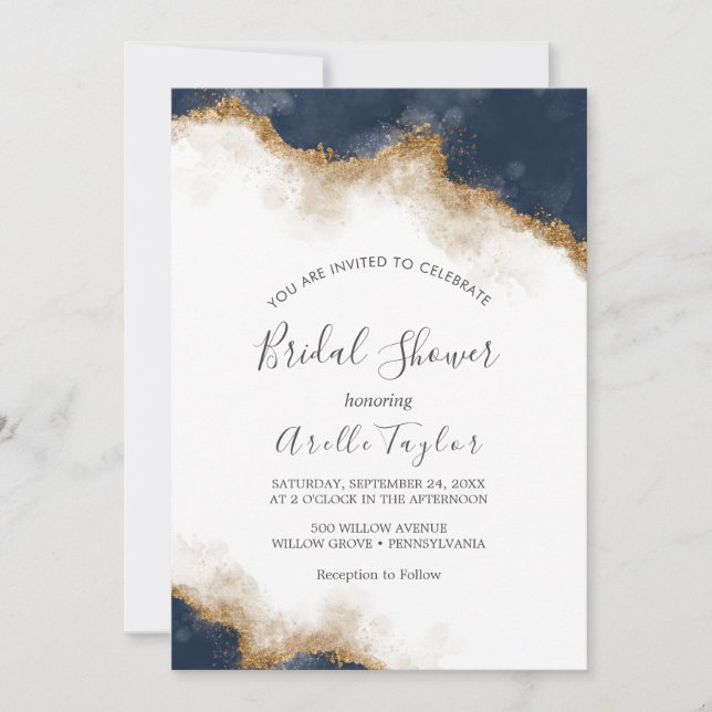 Abstract Navy Watercolor Bridal Shower Invitation (Front)