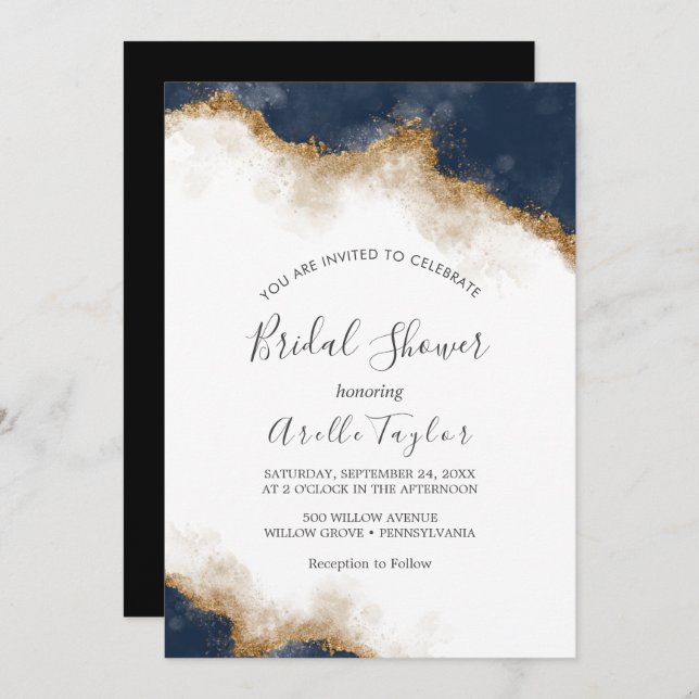 Abstract Navy Watercolor Bridal Shower Invitation (Front/Back)