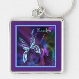 Abstract Neon Blue Purple Butterfly Premium Key Ring