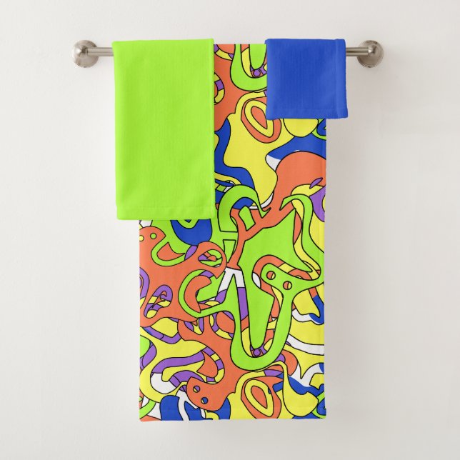 Abstract Neon Doodle Maze Pattern Bath Towel Set (Insitu)