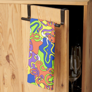 Abstract Neon Doodle Maze Pattern Tea Towel