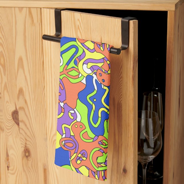 Abstract Neon Doodle Maze Pattern Tea Towel (Thirds Fold)