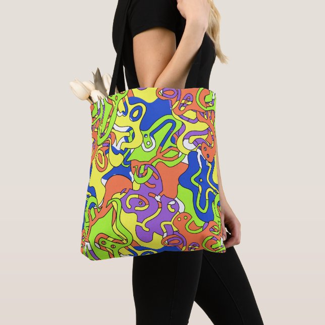 Abstract Neon Doodle Maze Pattern Tote Bag (Close Up)