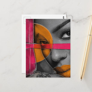 Abstract Neon Face Lady Mixed Media Collage Postcard