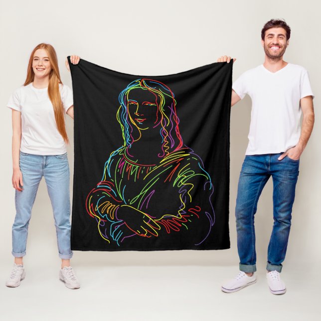 Abstract Neon Mona Lisa Line Art Fleece Blanket (In Situ)