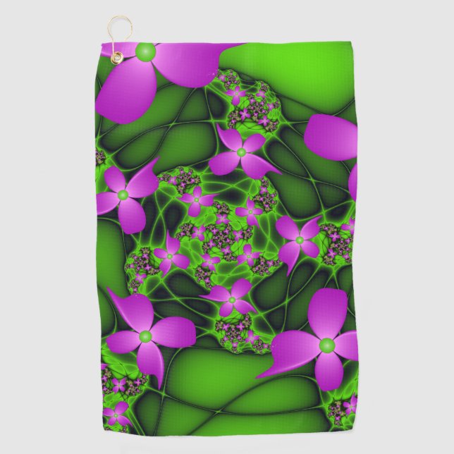 Abstract Neon Pink Green Fractal Art Flowers Golf Towel (Front)