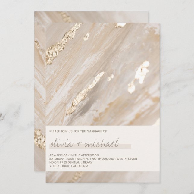 Abstract Neutral Brushstrokes Gold Modern Script Invitation (Front/Back)
