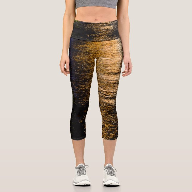 Abstract night lights sea shiny bronze reflection capri leggings (Front)