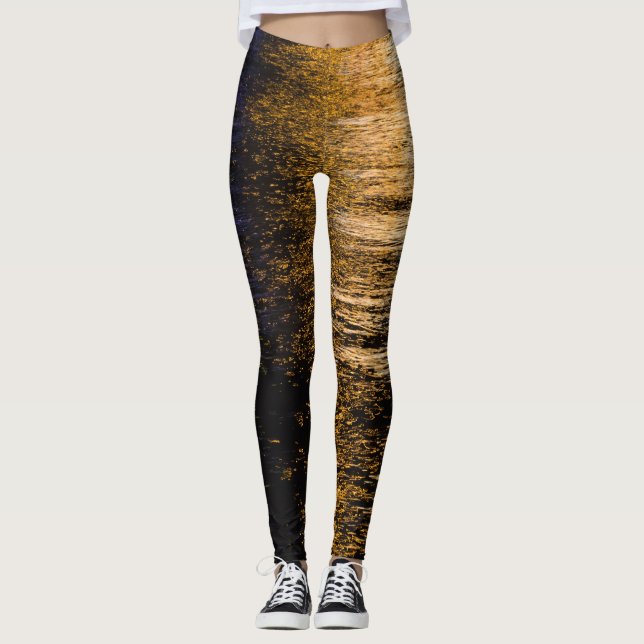 Abstract night lights sea shiny bronze reflection leggings (Front)