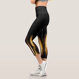 Abstract night lights sea shiny gold black capri leggings