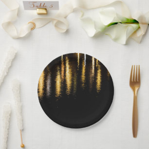 Abstract night lights sea shiny gold black paper plate