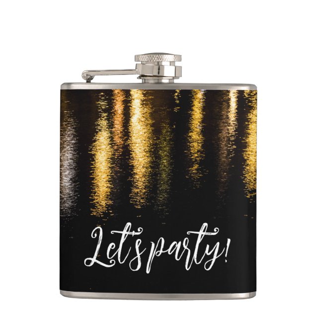 Abstract night lights sea shiny gold black Party Hip Flask (Front)