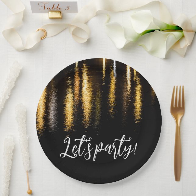 Abstract night lights sea shiny gold black Party Paper Plate (Wedding)