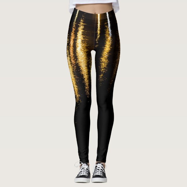 Abstract night lights sea shiny gold reflection leggings (Front)