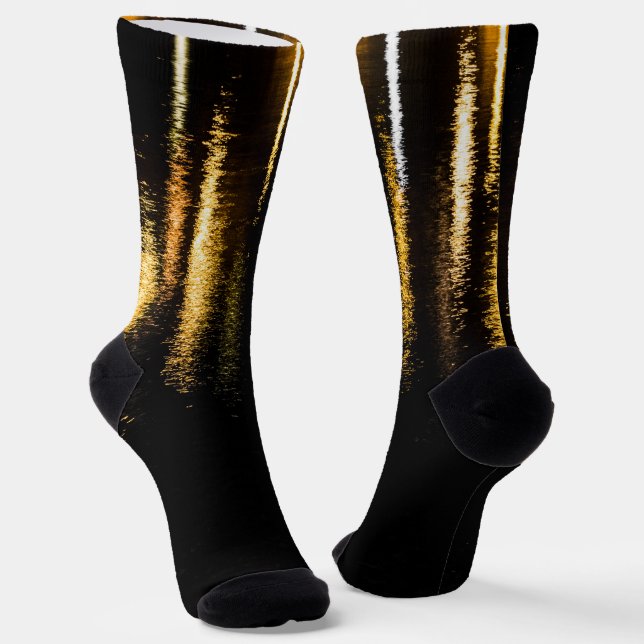 Abstract night lights sea shiny gold reflection socks (Angled)