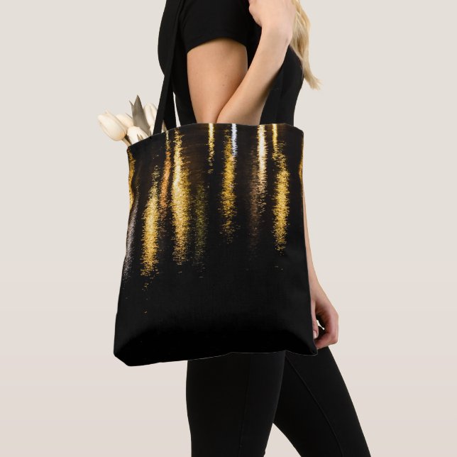 Abstract night lights sea shiny gold reflection tote bag (Close Up)