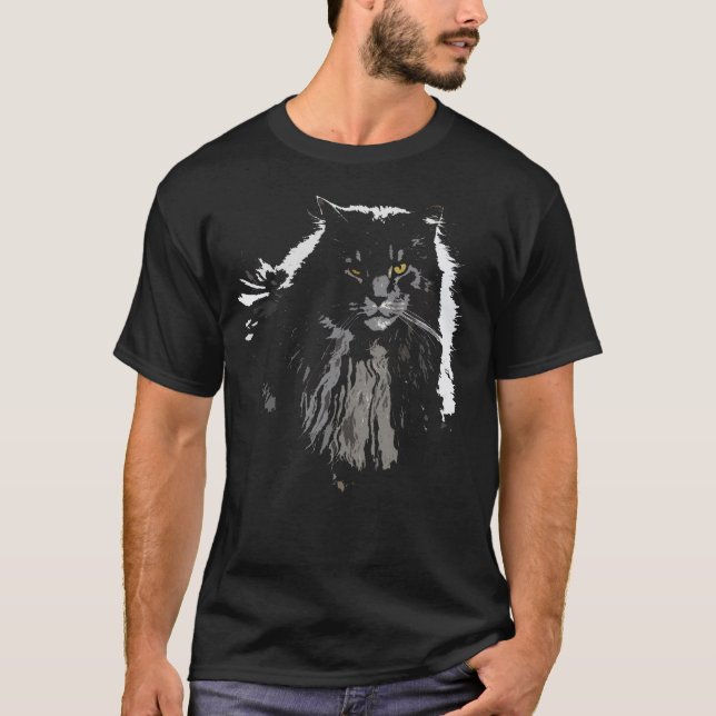 Abstract Norwegian Forest Cat on Black T-Shirt (Front)