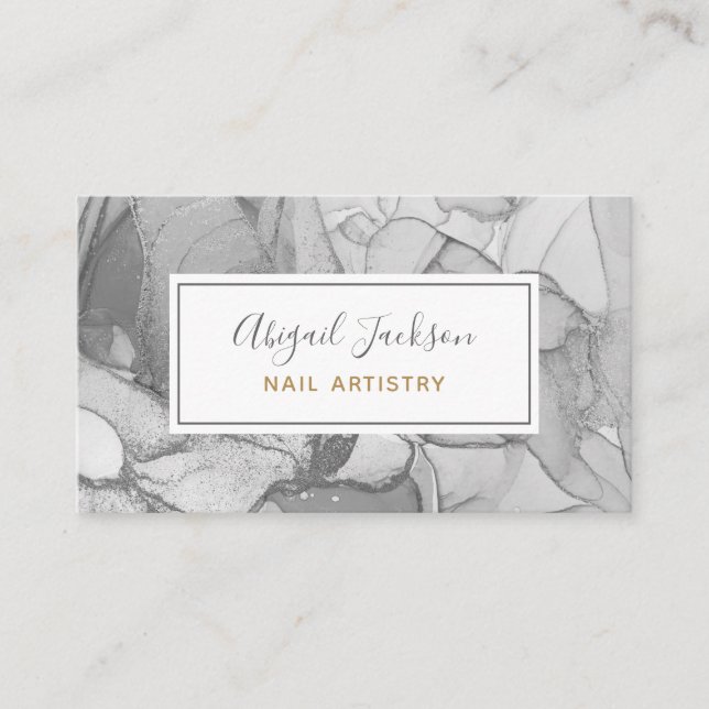Abstract Ocean Flora Grey & Gold Nail Artistry Business Card (Front)