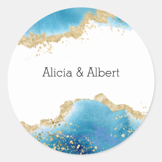 Abstract Ocean Gold & Blue Custom Name Wedding Classic Round Sticker (Front)