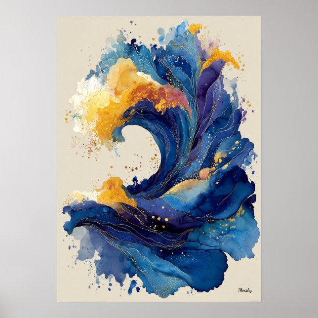 Abstract Ocean Wave Liquid Art Blue Gold Fluid  Poster (Front)