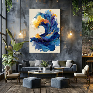 Abstract Ocean Wave Liquid Art Blue Gold Fluid Poster