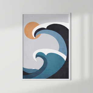 Abstract Ocean Waves and Sun Poster