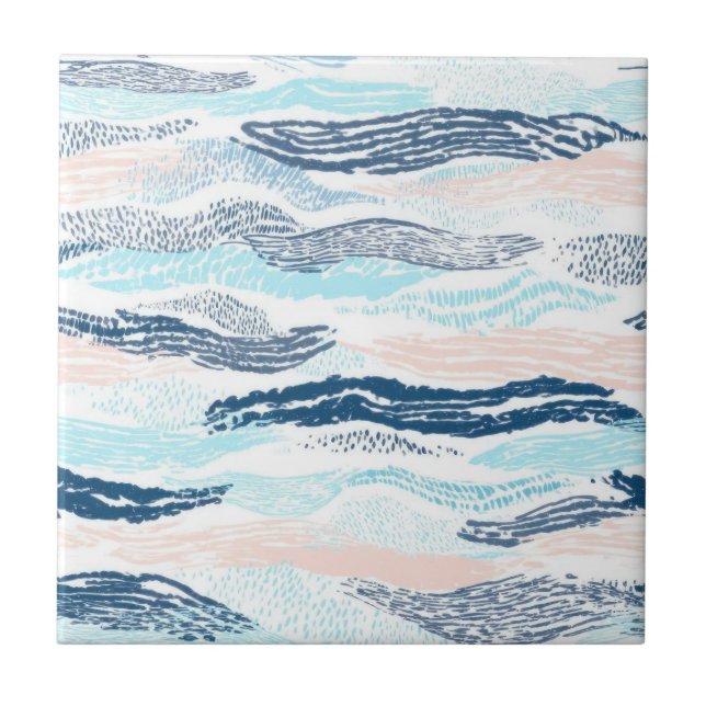 Abstract Ocean Waves Blue Pink Textured Pattern Ceramic Tile (Front)